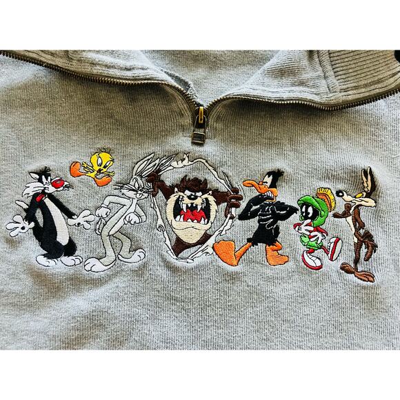 Vintage 1997 Looney Tunes Embroidered 1/4 Zip Pullover Large 100% Cotton Sweater - Picture 2 of 4